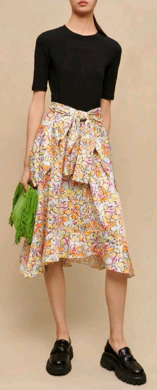 Maje Knotted Floral Print Satin Crepe And Stretch Cotton Midi Dress Sze 40 Small